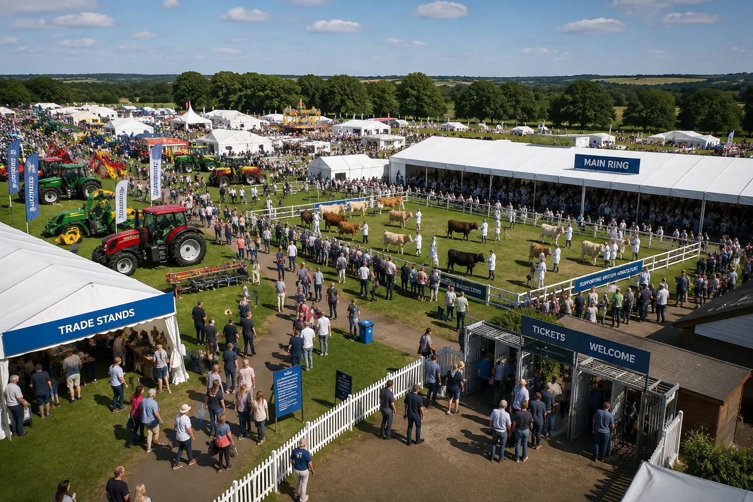 Aerial view of a UK agricultural show — main ring cattle judging, trade stands, marquees, tractors and the ticket entrance gates on a busy show day