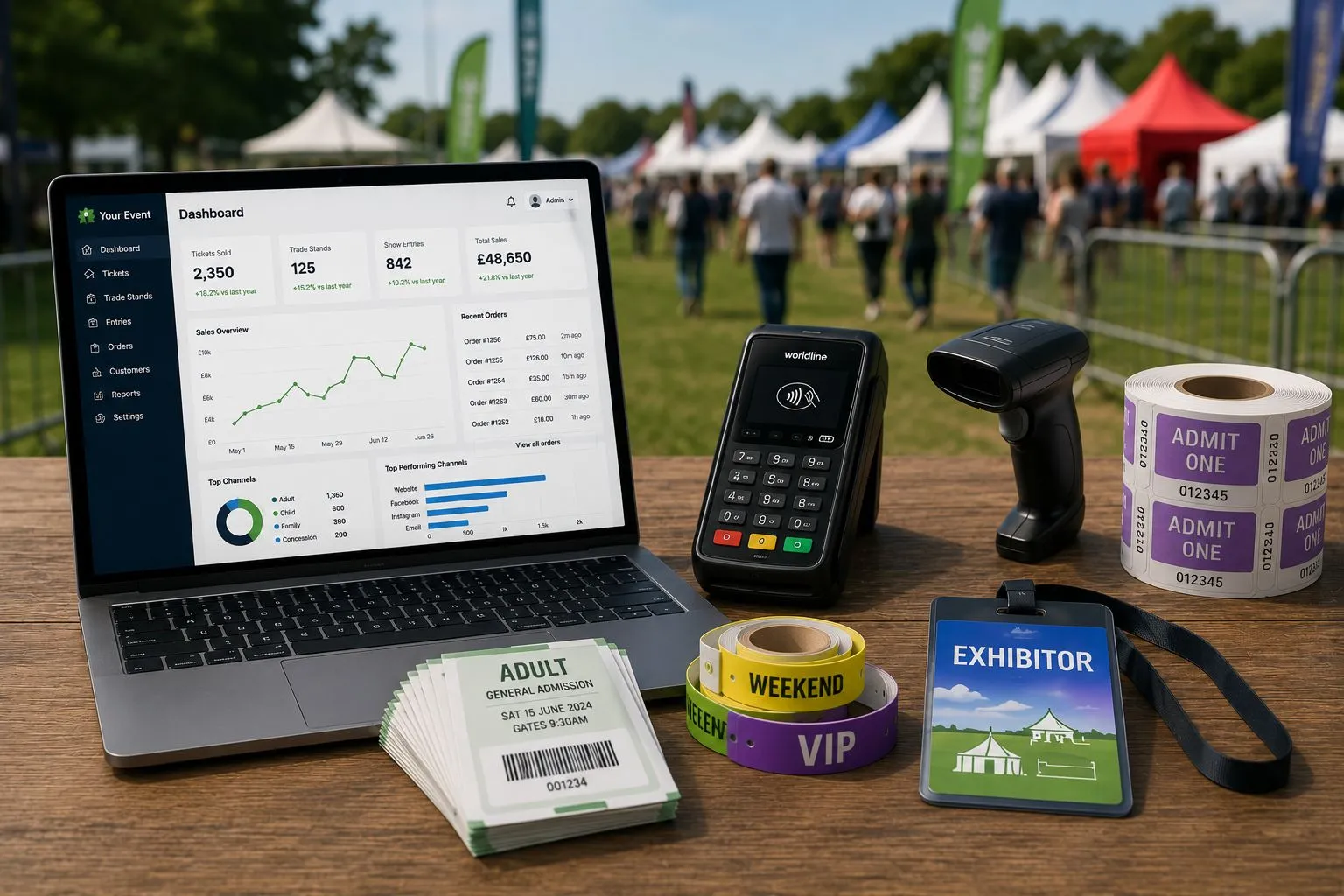 Agricultural show ticketing package — online ticket sales dashboard, card machine, barcode scanner, admission tickets, VIP and weekend wristbands and exhibitor badges at a UK show ground