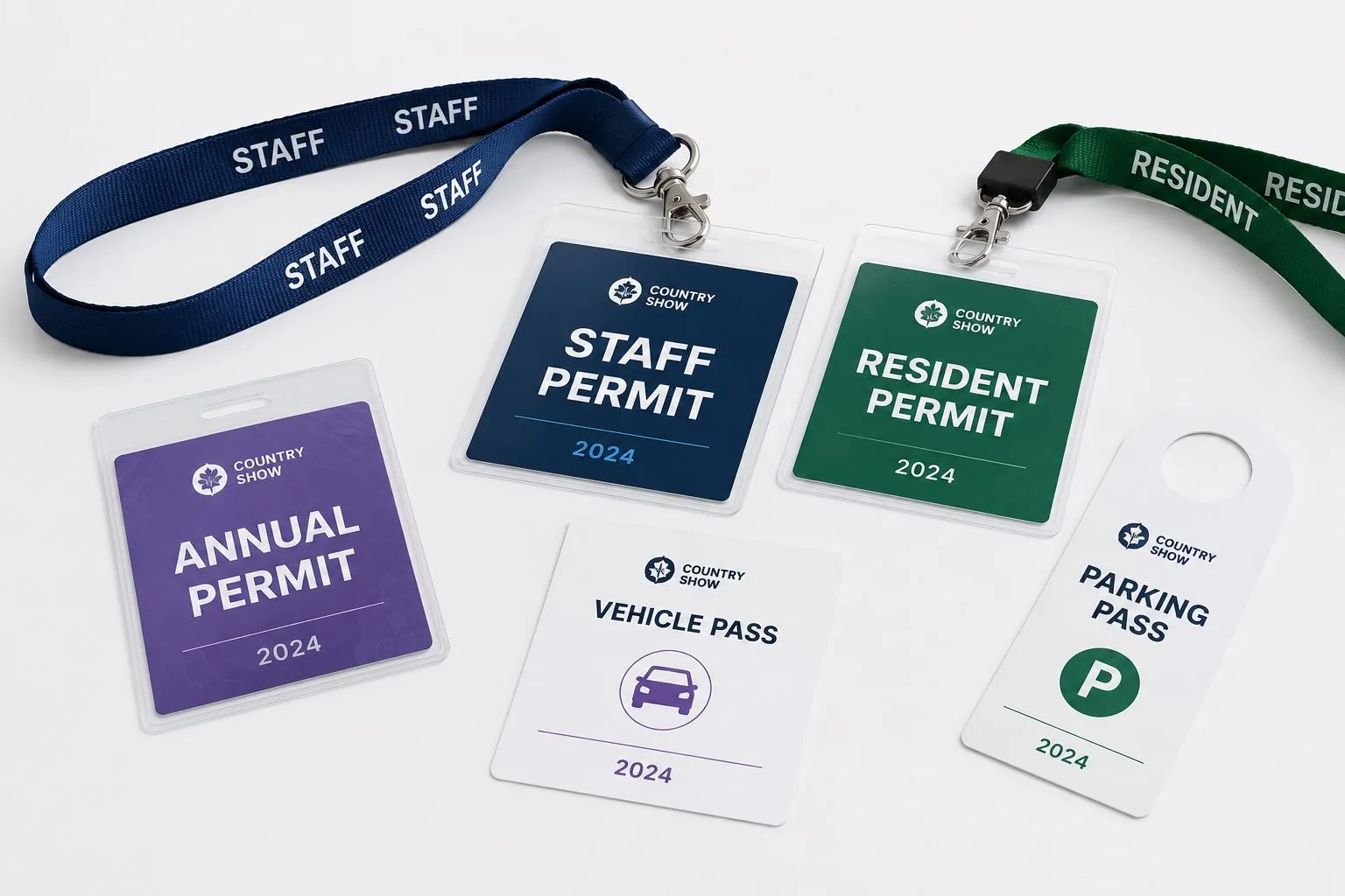 Annual, staff and resident parking permits — branded lanyard permits, annual permit card, vehicle pass and hanging parking pass, all dated and sequentially managed