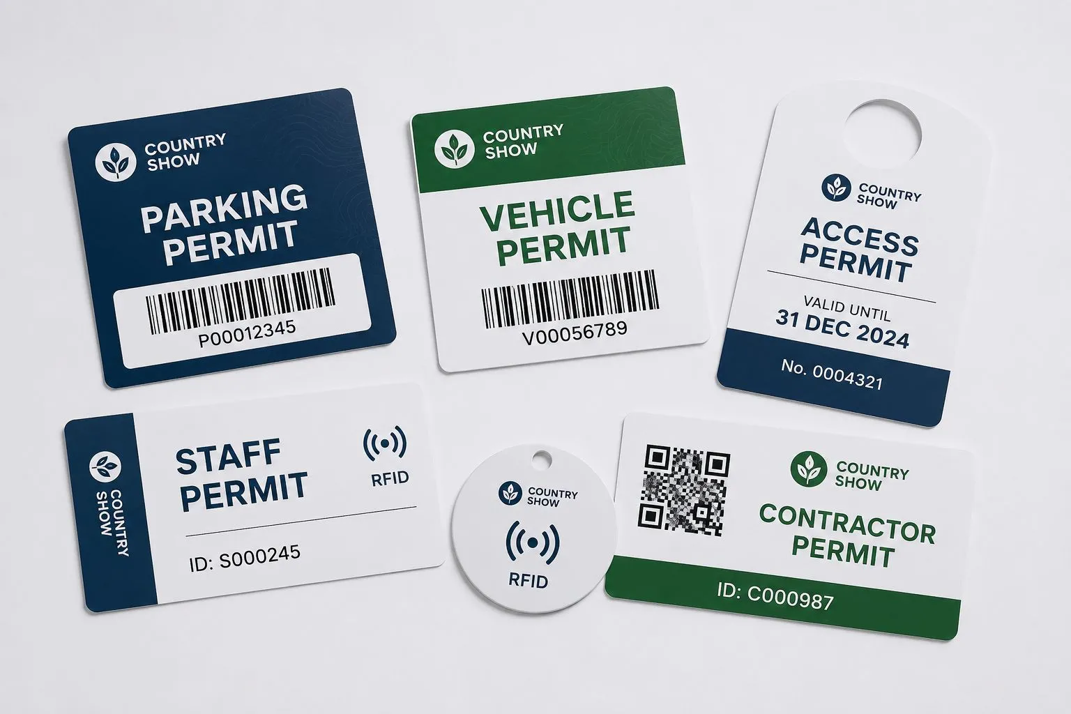 Barcoded and RFID parking permits — barcoded parking and vehicle permits, RFID staff permit card and windscreen tag, QR contractor permit and hanging access permit for barrier and ANPR systems