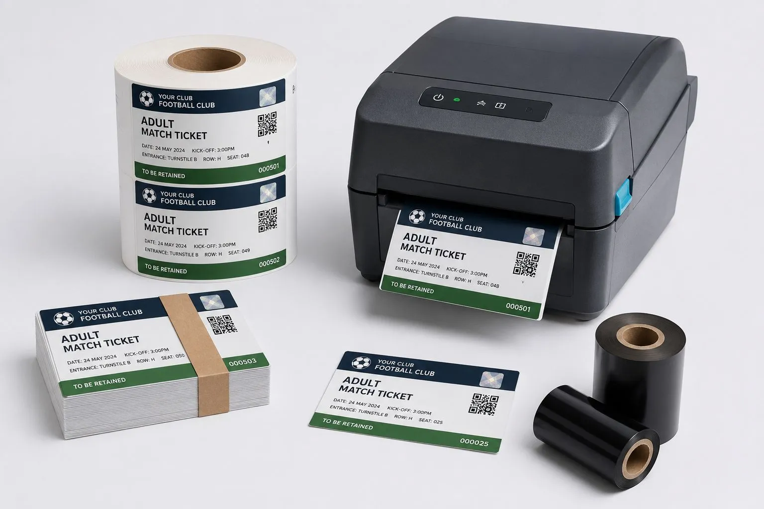 Box-office thermal ticket printer printing a club match ticket, with thermal ticket rolls, fanfold ticket stack and thermal ribbon consumables
