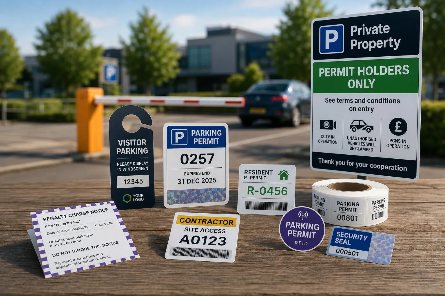 UK car park management products — parking permits, visitor hangers, penalty charge notices (PCNs), RFID permits, security seals and permit-holders-only signage