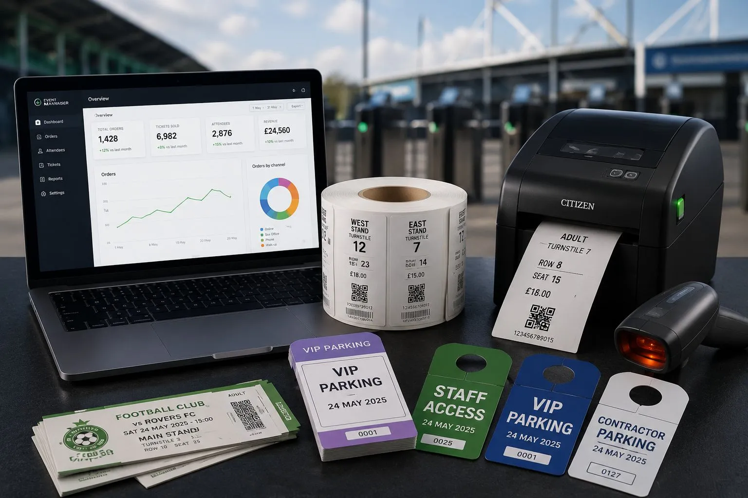 Secure Media product range at a stadium — event software dashboard, thermal turnstile ticket rolls, box-office thermal printer, barcode scanner, football match tickets and VIP, staff and contractor parking permits