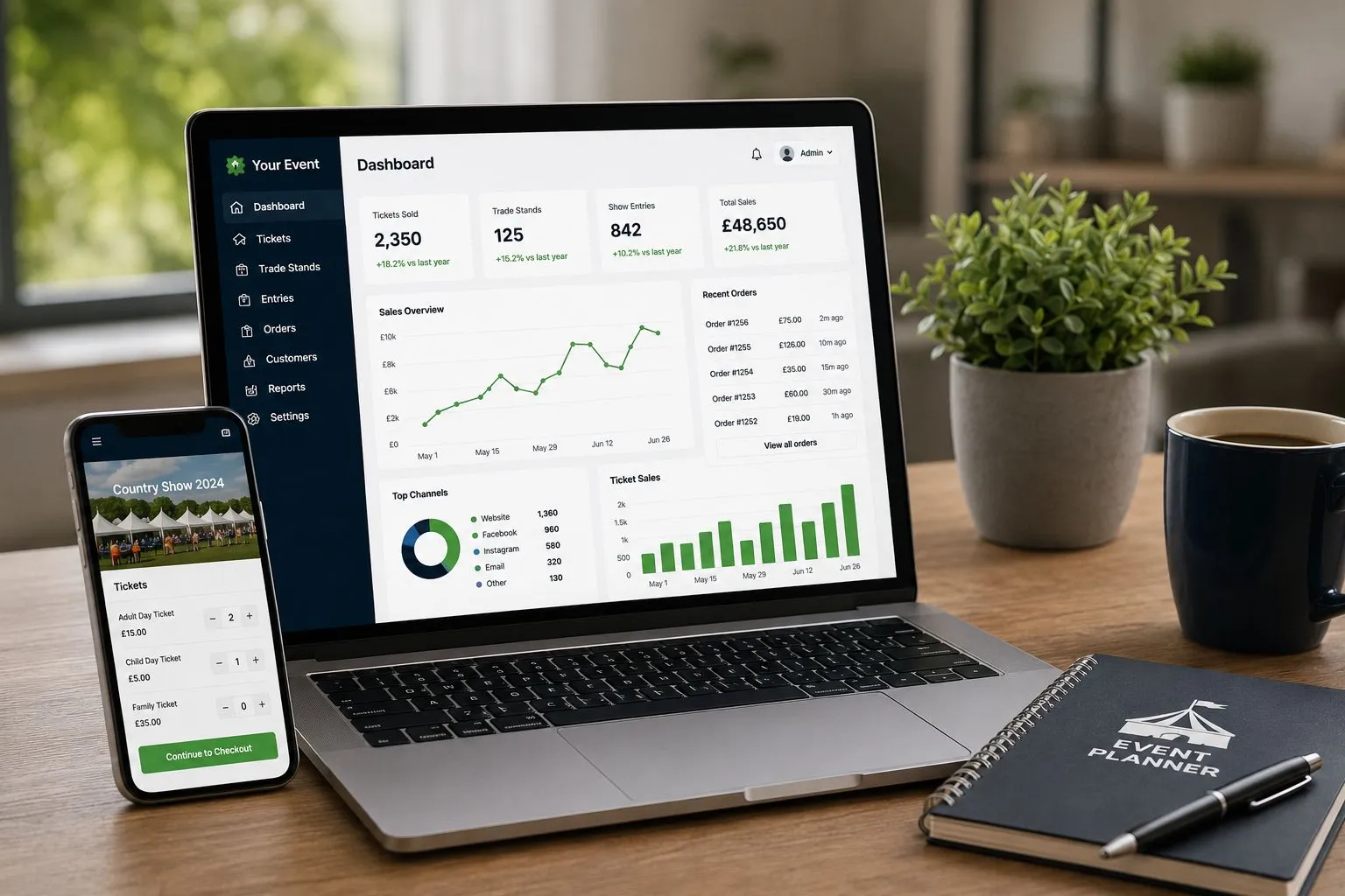 Event ticketing software dashboard — online ticket sales, trade stand bookings and show entries on laptop, with mobile ticket checkout for a country show