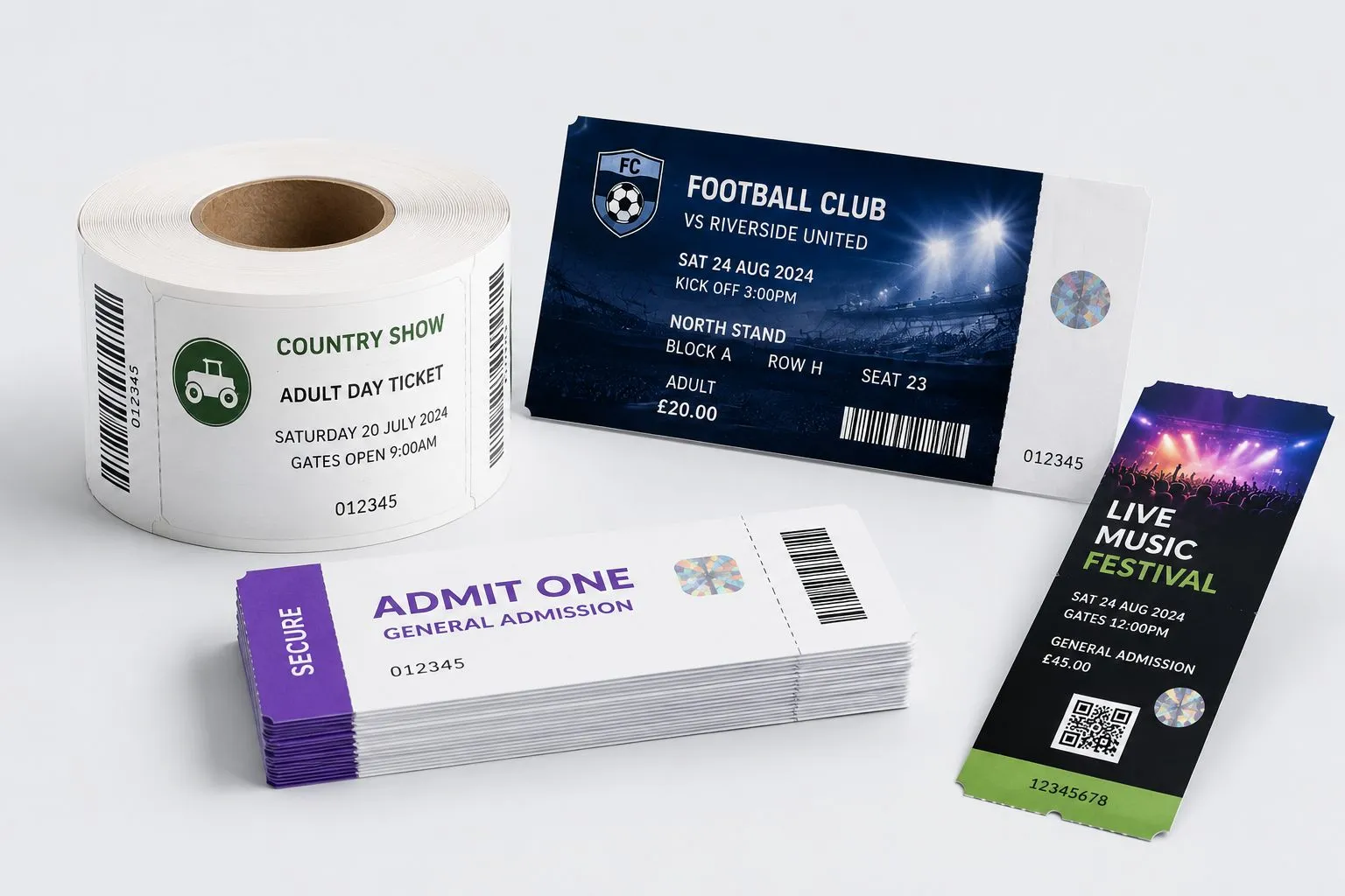 Match, show and admission tickets — country show adult day ticket roll, football match ticket with hologram, general admission ticket books and festival ticket with QR code