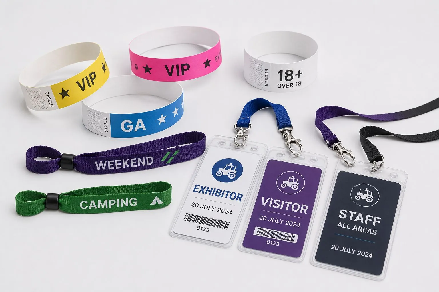 Event wristbands and badges — VIP, GA and 18+ Tyvek wristbands, weekend and camping fabric wristbands, and exhibitor, visitor and staff lanyard badges