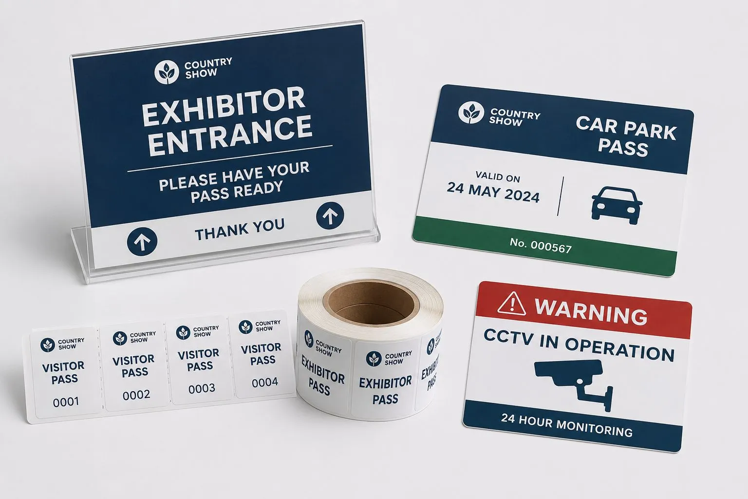 Car park labels and signage — exhibitor entrance sign, car park pass, numbered visitor pass labels, exhibitor pass label roll and CCTV warning sign