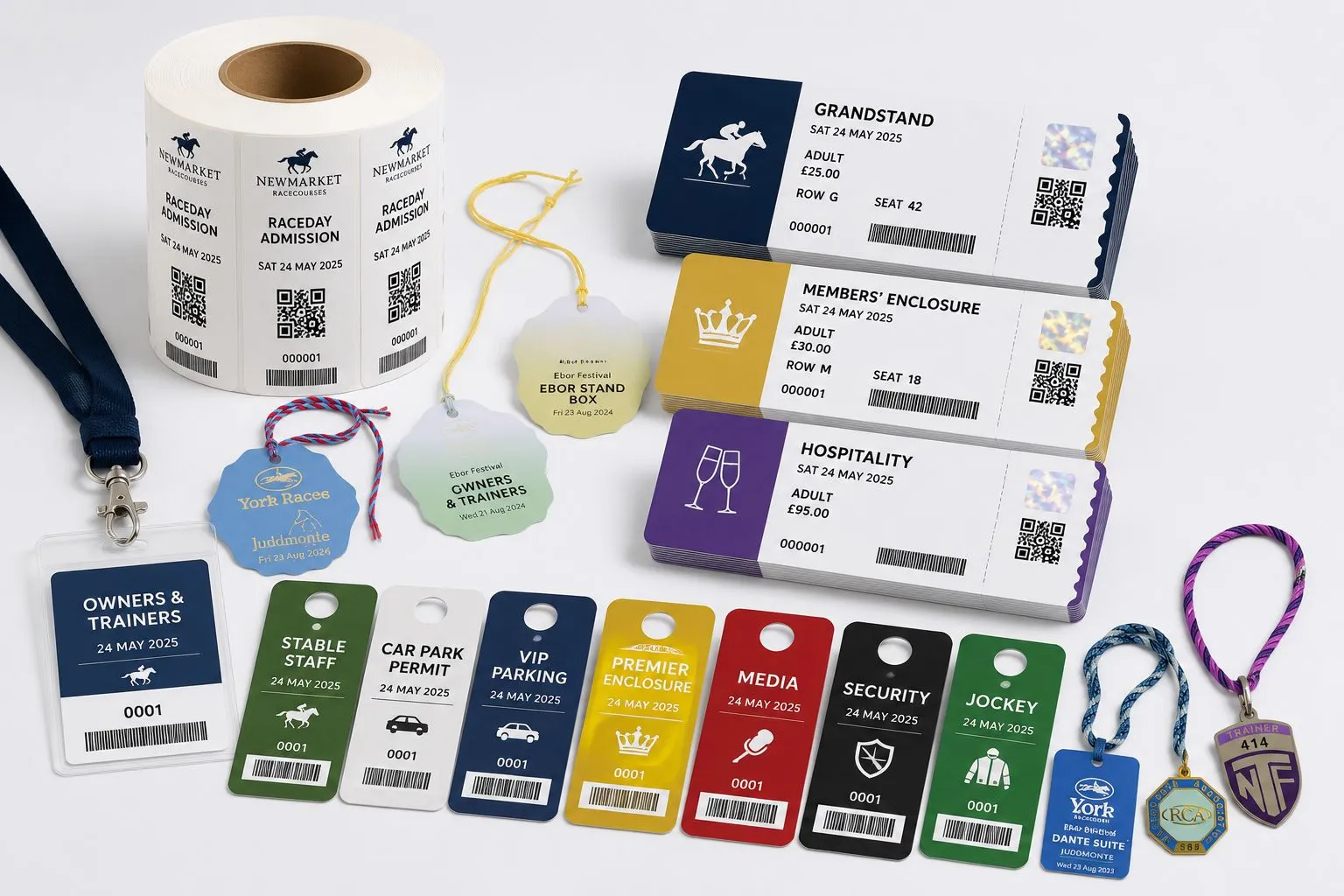 Racecourse ticketing range — grandstand, members' enclosure and hospitality race-day tickets, raceday admission ticket roll, owners & trainers badges, car park and VIP parking permits, stable staff, media, security and jockey passes