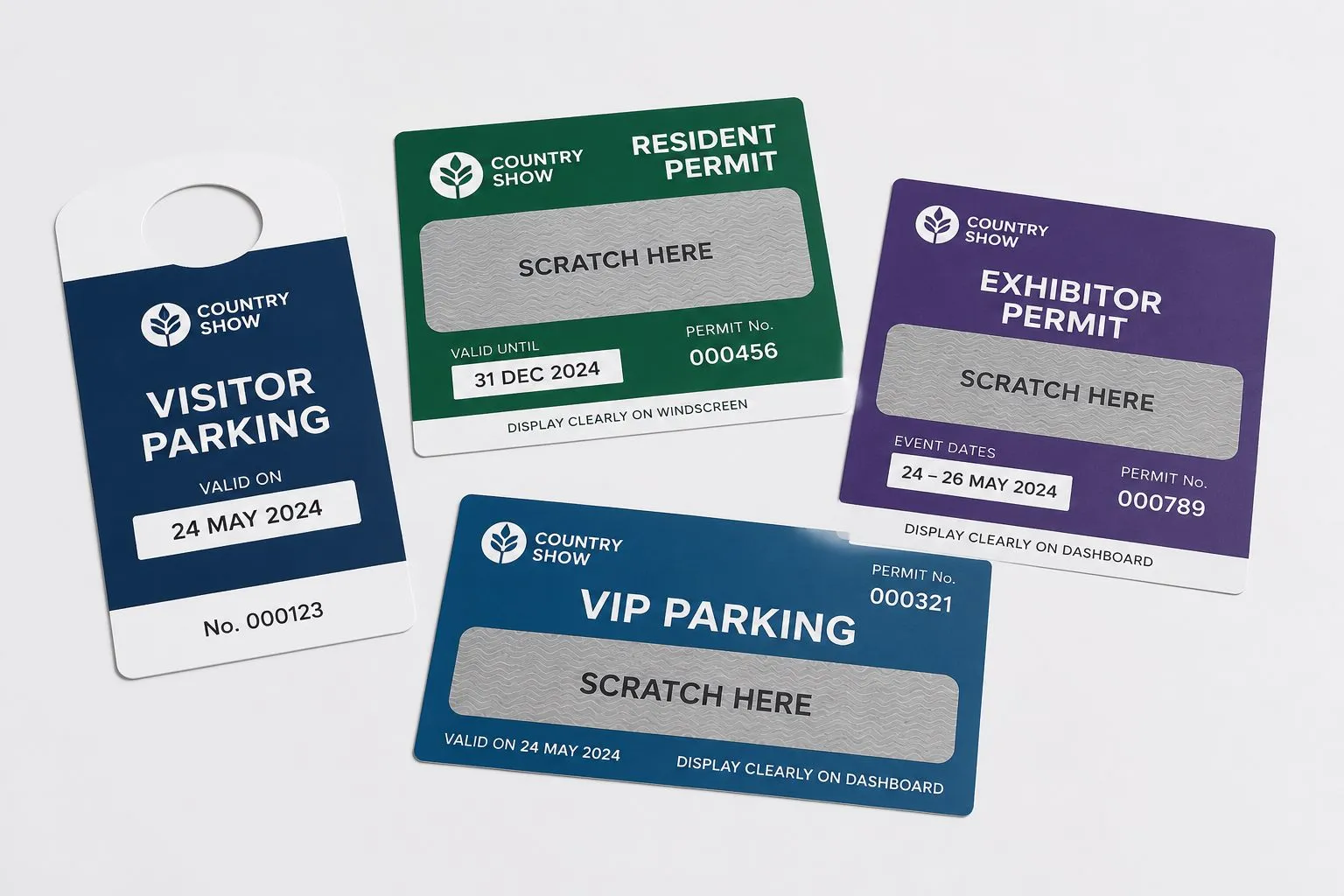 Scratch-and-display and visitor parking permits — visitor parking hanger, resident and exhibitor scratch permits and VIP parking permit with scratch panels, dates and sequential numbering