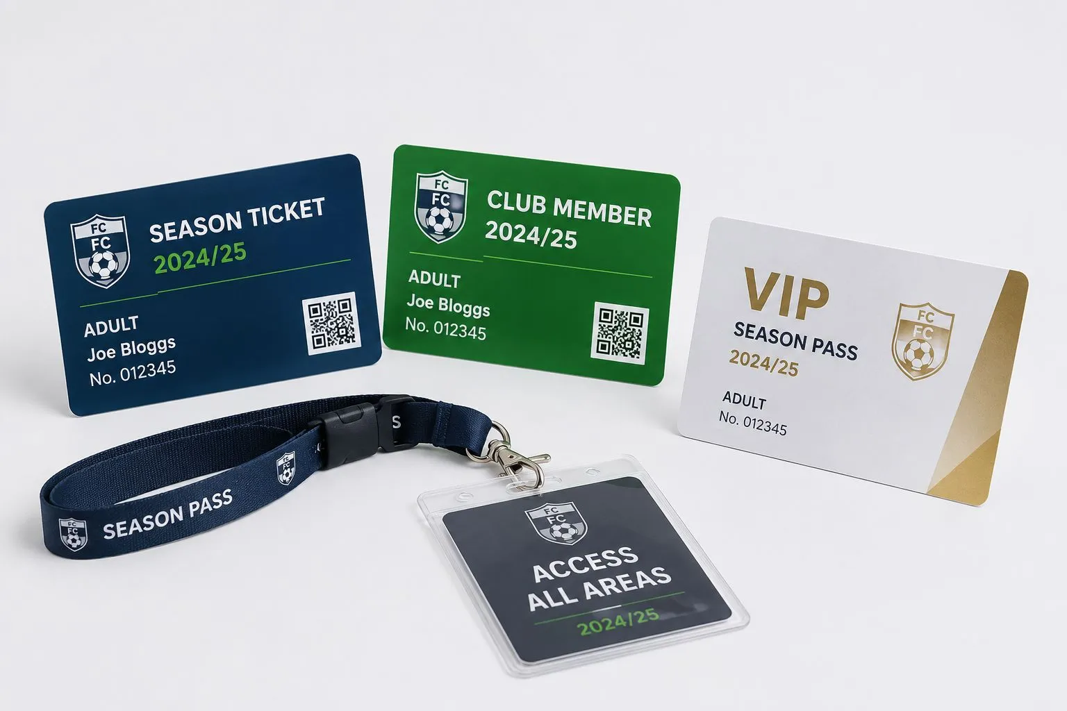 Season tickets, membership cards and multi-use passes — football club season ticket card, club member card with QR code, VIP season pass and access-all-areas lanyard pass