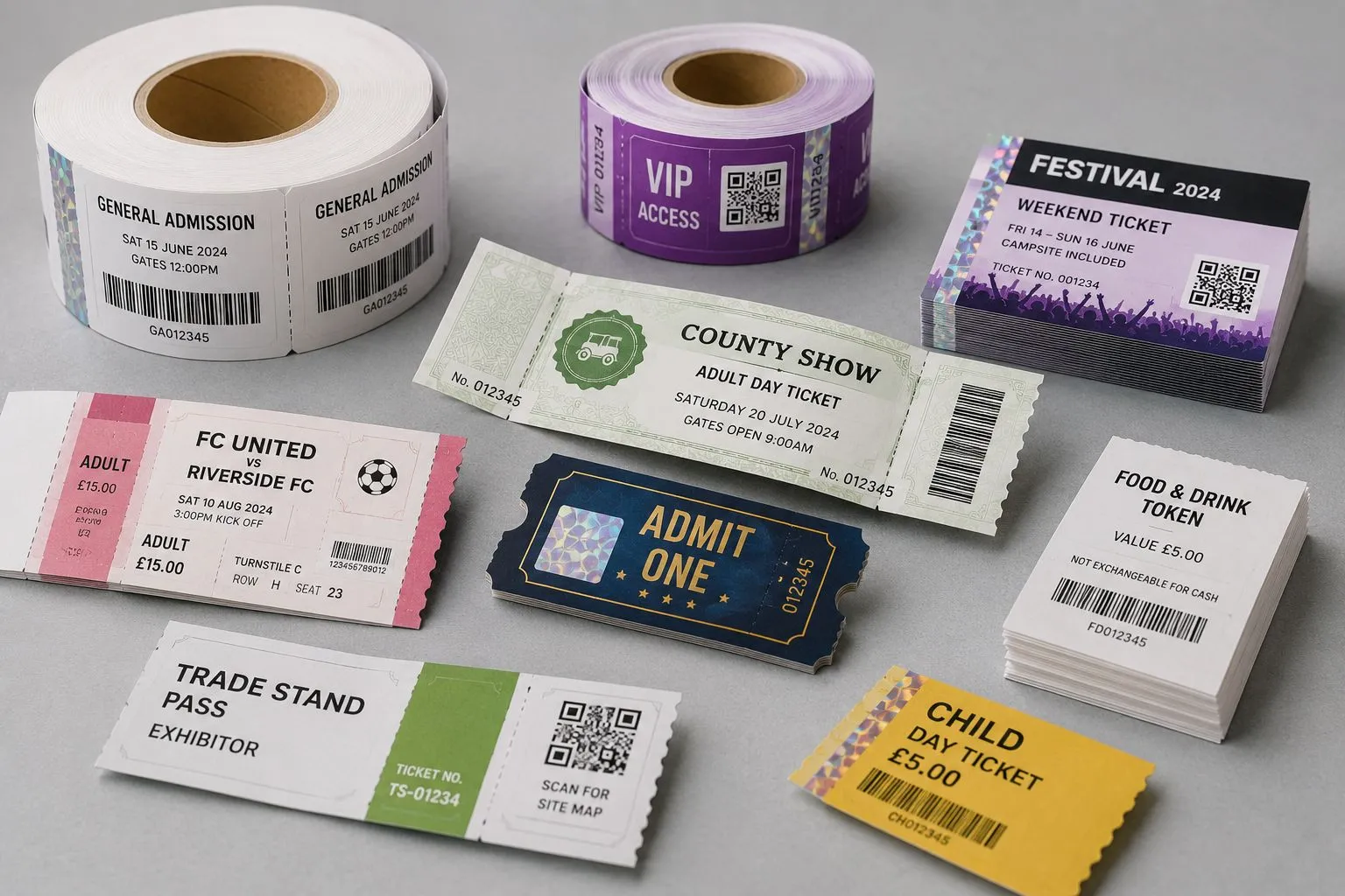 Secure printed event tickets — general admission and VIP ticket rolls, festival weekend tickets, football match tickets, county show day tickets, trade stand passes and food and drink tokens with holograms and barcodes