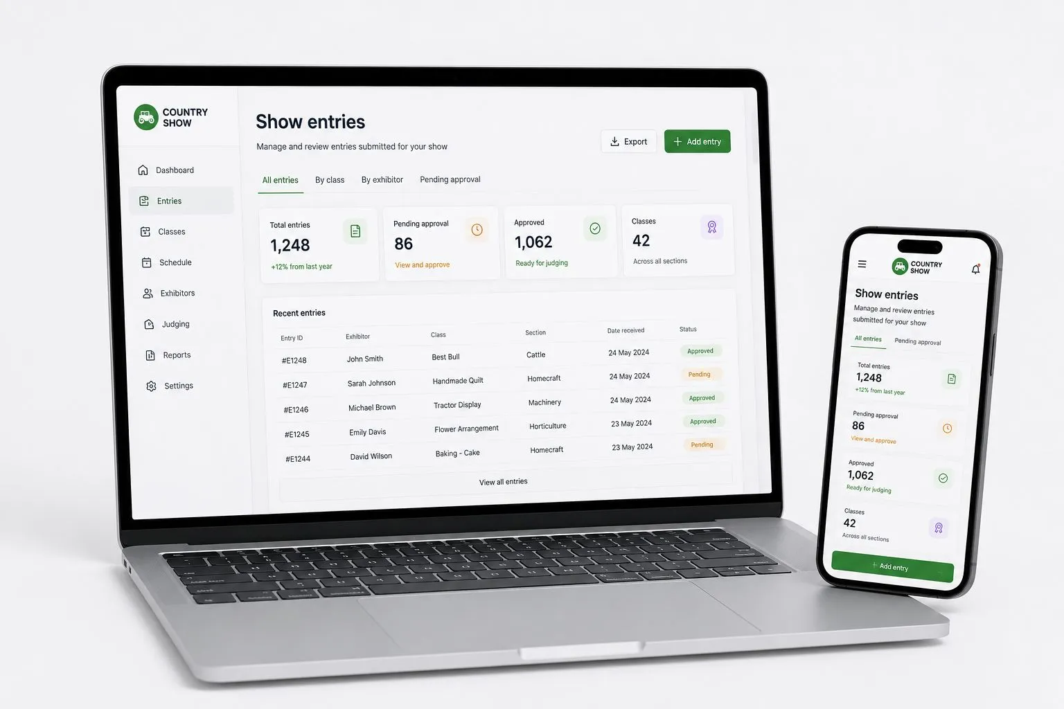 Online show entries system — entries dashboard with pending approvals, classes and recent competition entries for cattle, homecraft and horticulture on laptop and mobile