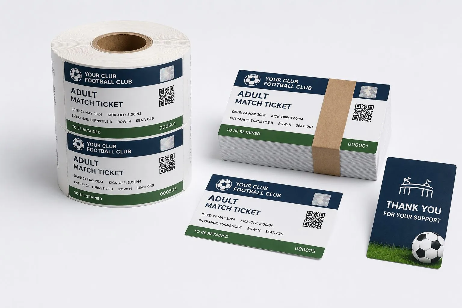 Club-branded thermal match ticket stock — adult match tickets on a roll, banded fanfold stack and single ticket with hologram, QR code and sequential numbering, plus sponsor thank-you panel