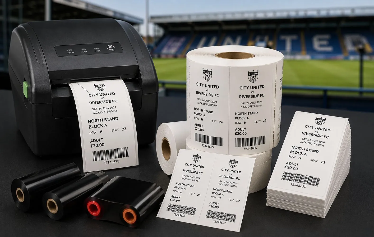 Thermal ticket rolls, fanfold match tickets and thermal ribbons with a box-office thermal printer printing seated match tickets at a UK football ground