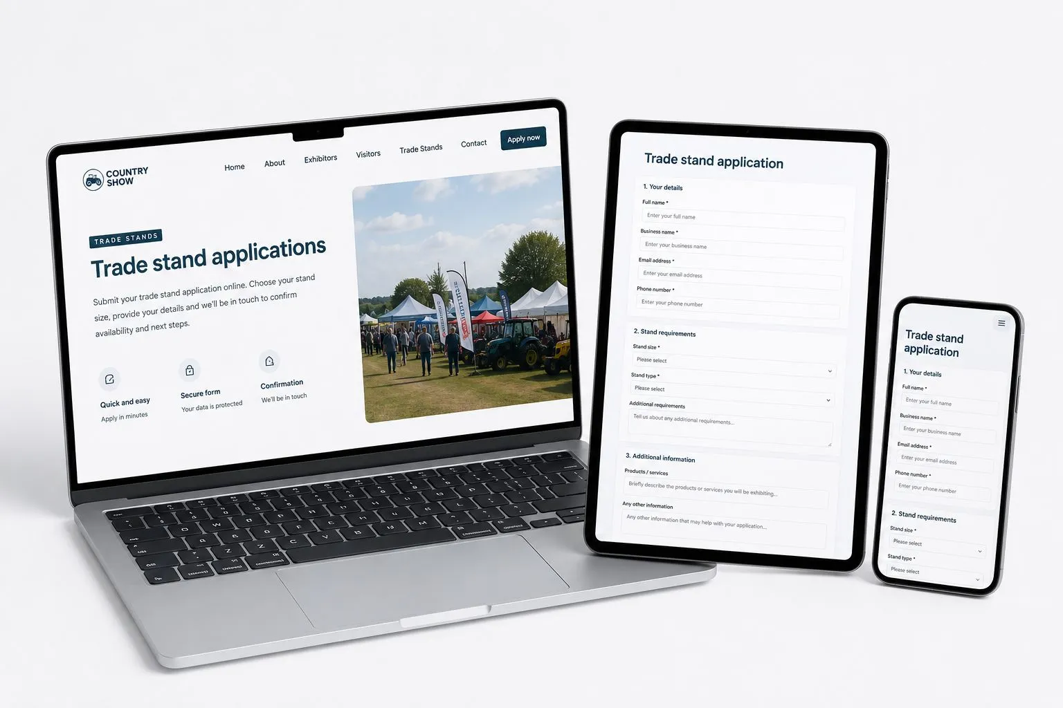 Trade stand application form online — exhibitors apply on laptop, tablet or phone with stand size, requirements and details submitted for approval