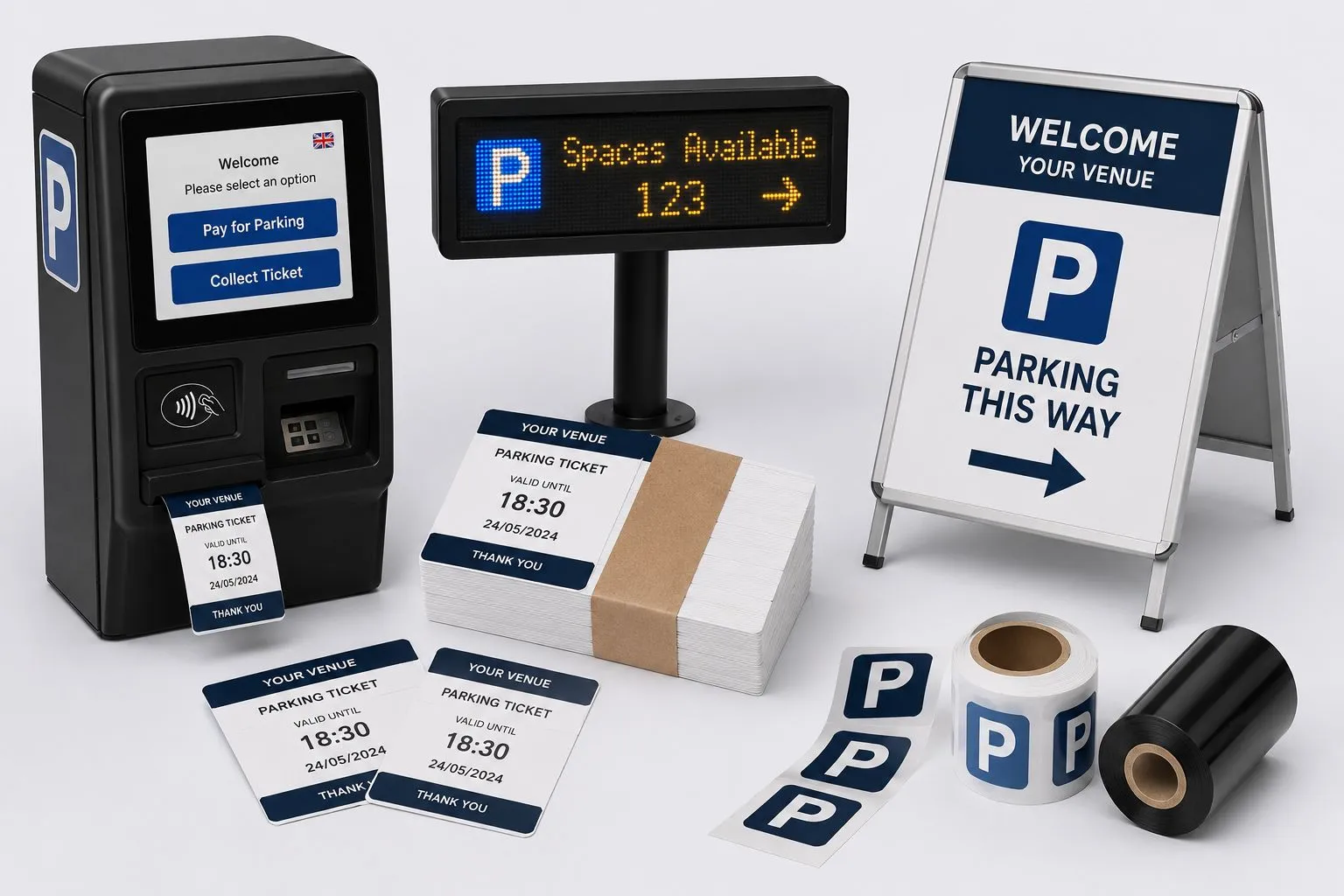 Thermal tickets issued on demand at venues and car parks — pay-and-collect kiosk printing a parking ticket, spaces-available display, banded thermal ticket stock, label rolls and venue signage